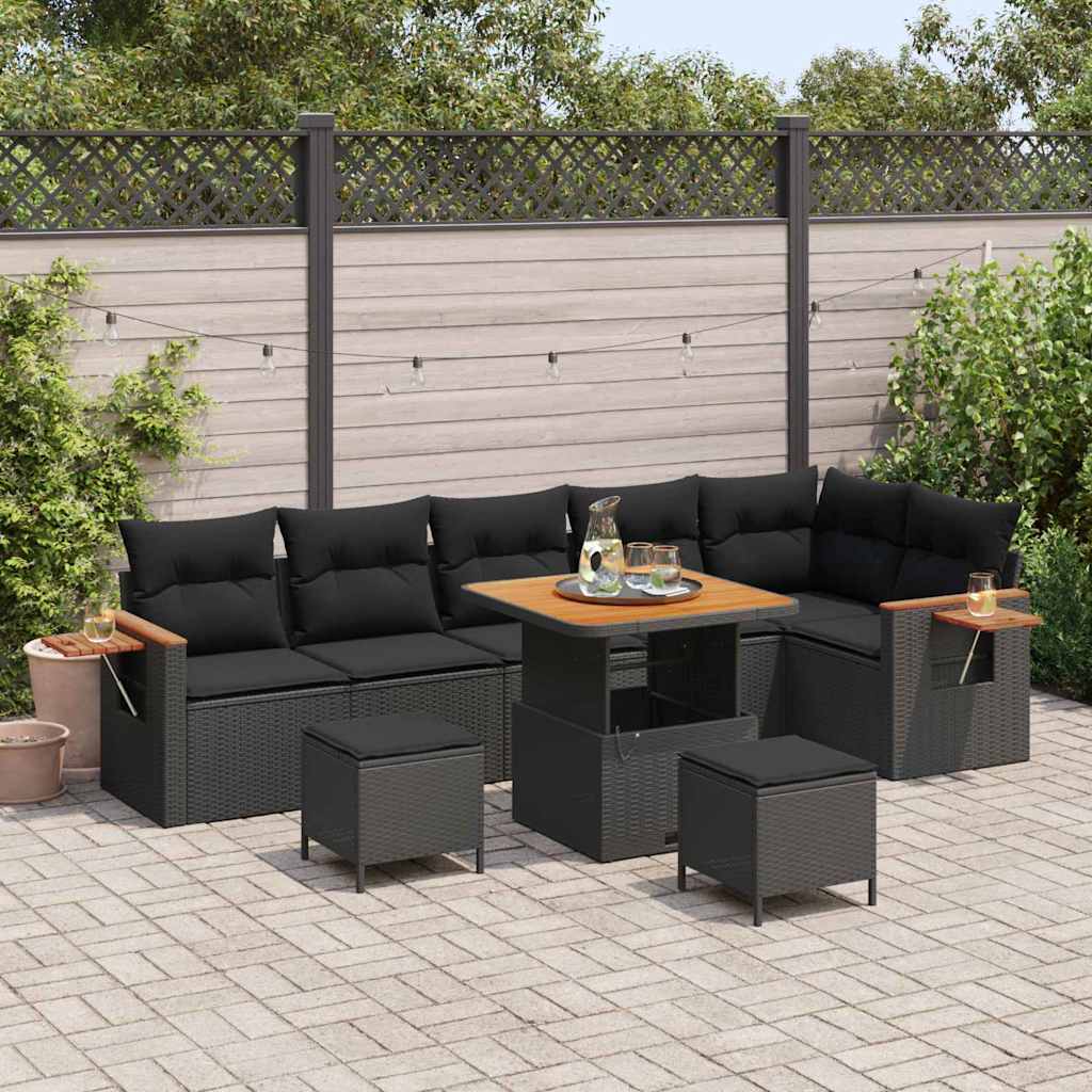 vidaXL Garden Sofa Set with Cushion 9 pcs Black Poly rattan