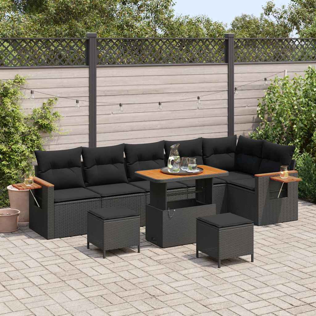 vidaXL Garden Sofa Set with Cushion 9 pcs Black Poly rattan