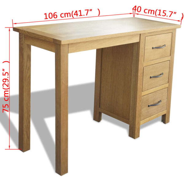 vidaXL Desk with 3 Drawers 106x40x75 cm Solid Oak Wood - Image 7