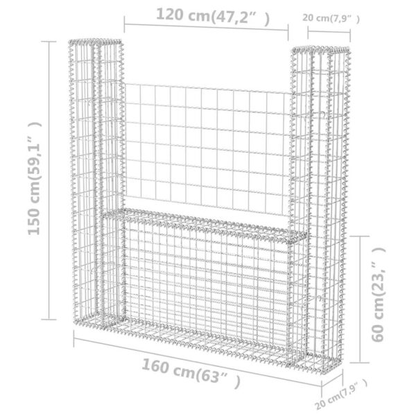 vidaXL Gabion Basket U-Shape Galvanised Steel 160x20x150 cm - Image 6