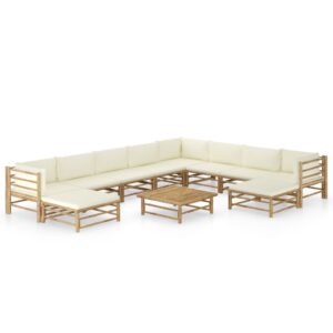 vidaXL 11 Piece Garden Lounge Set with Cream White Cushions Bamboo