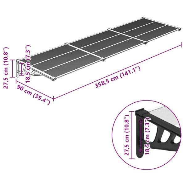vidaXL Door Canopy Black and Transparent 358.5x90 cm Polycarbonate - Image 6