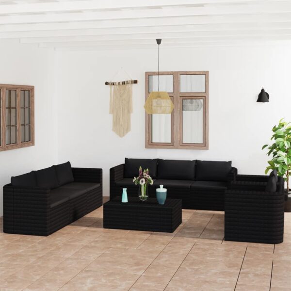 vidaXL 10 Piece Garden Lounge Set with Cushions Poly Rattan Black - Image 1