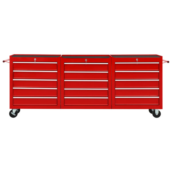 vidaXL Tool Trolley with 15 Drawers Steel Red - Image 3