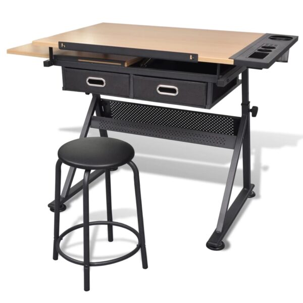 vidaXL Two Drawers Tiltable Tabletop Drawing Table with Stool - Image 3
