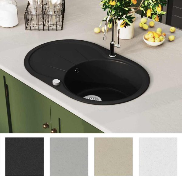 vidaXL Granite Kitchen Sink Single Basin Oval Black - Image 7