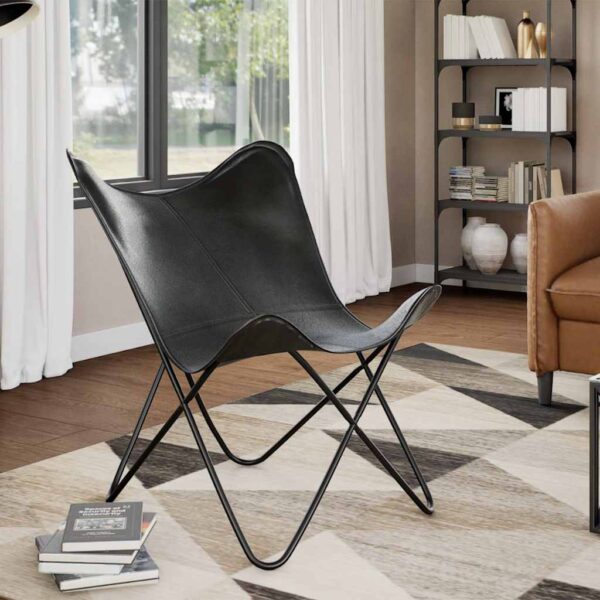 vidaXL Butterfly Chair Black Real Leather - Image 1