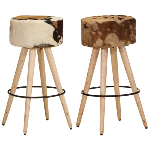 vidaXL Bar Stools 2 pcs Brown Rough Mango Wood and Real Leather - Image 1