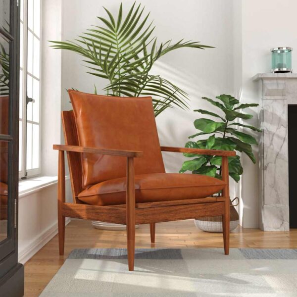 vidaXL Armchair Brown Real Leather with Acacia Wood - Image 1