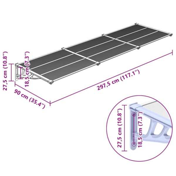 vidaXL Door Canopy Grey and Transparent 297.5x90 cm Polycarbonate - Image 6