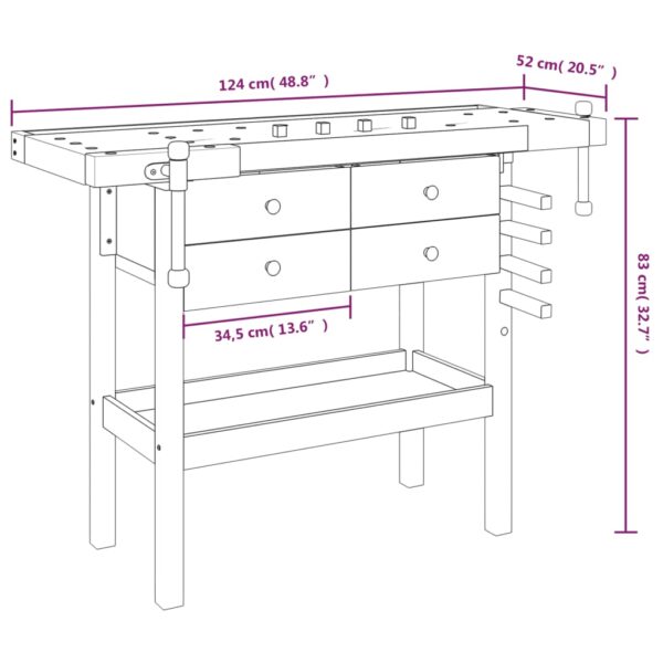 vidaXL Workbench with Drawers and Vices 124x52x83 cm Solid Wood Acacia - Image 10