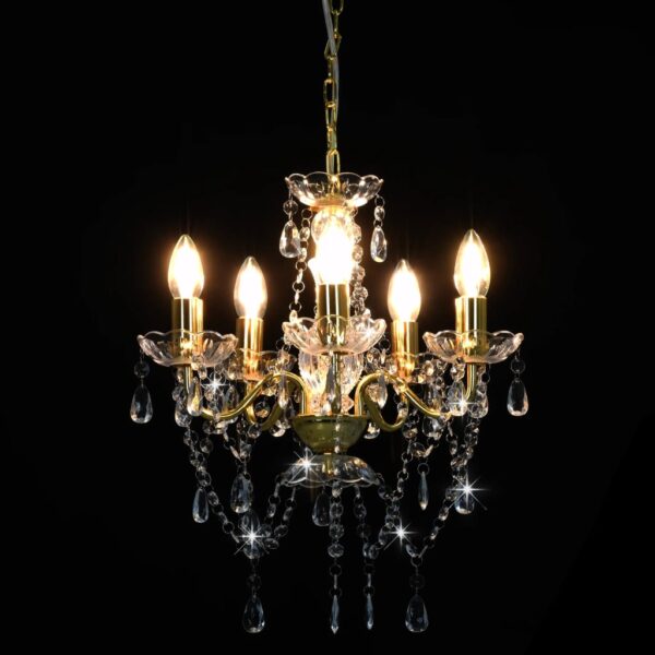 vidaXL Chandelier with Crystal Beads Golden Round 5 x E14 - Image 4