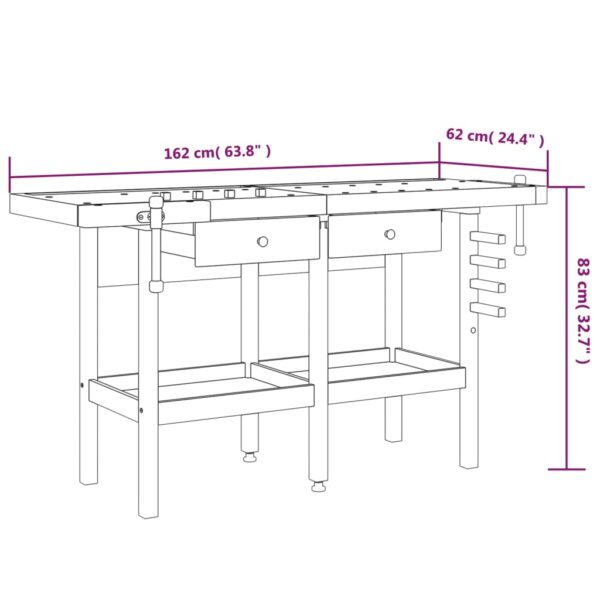 vidaXL Workbench with Drawers and Vices 162x62x83 cm Solid Wood Acacia - Image 10