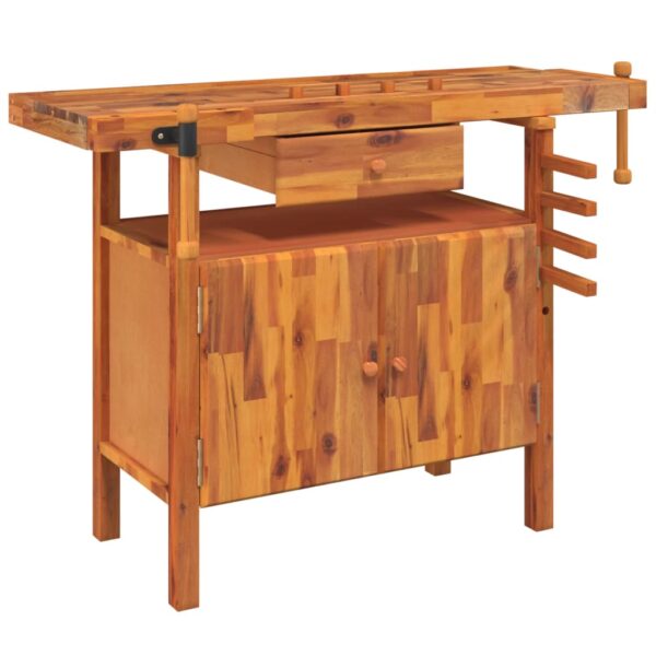 vidaXL Workbench with Drawer and Vices 124x52x83 cm Solid Wood Acacia - Image 2