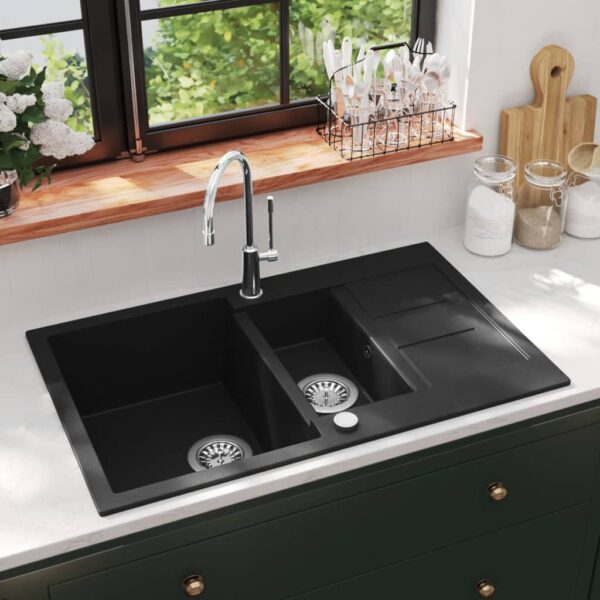vidaXL Granite Kitchen Sink Double Basin Black - Image 1