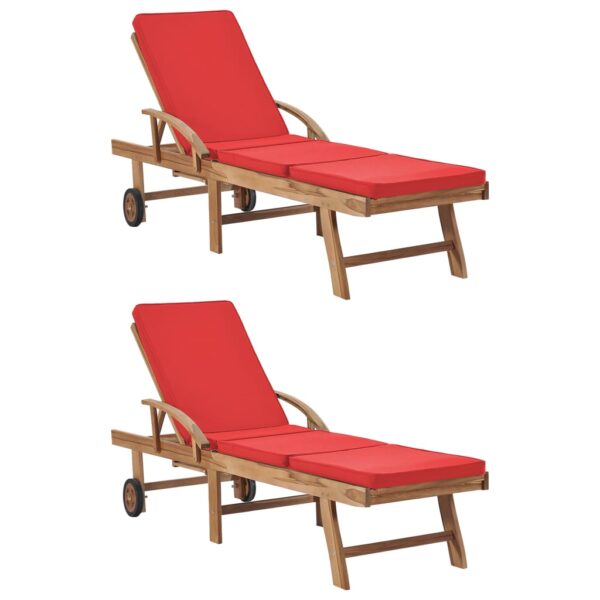 vidaXL Sun Loungers with Cushions 2 pcs Solid Teak Wood Red - Image 1
