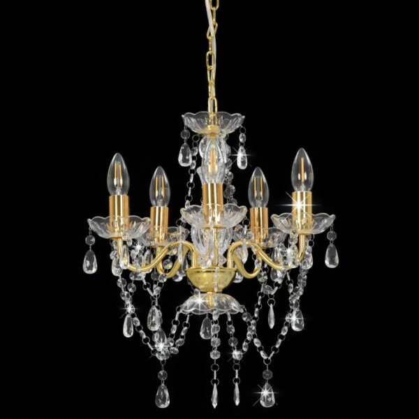 vidaXL Chandelier with Crystal Beads Golden Round 5 x E14 - Image 3