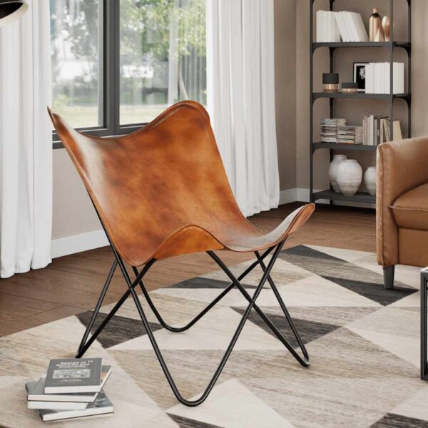 vidaXL Butterfly Chair Brown Real Leather - Image 1