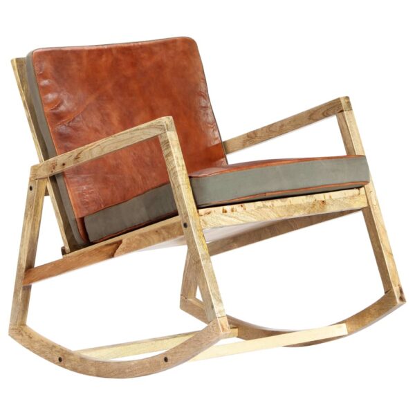 vidaXL Rocking Chair Brown Real Leather and Solid Mango Wood - Image 8