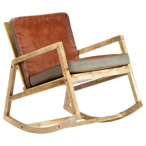 vidaXL Rocking Chair Brown Real Leather and Solid Mango Wood - Image 11