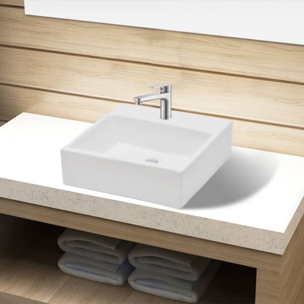 vidaXL Ceramic Bathroom Sink Basin with Faucet Hole White Square - Image 1