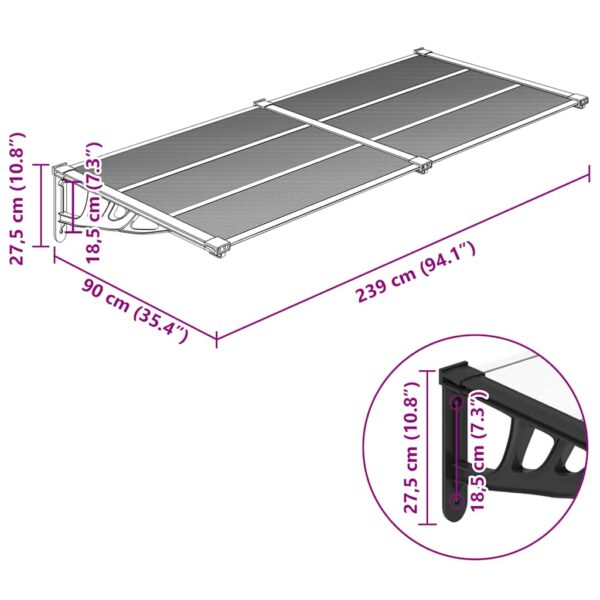 vidaXL Door Canopy Black and Transparent 239x90 cm Polycarbonate - Image 6