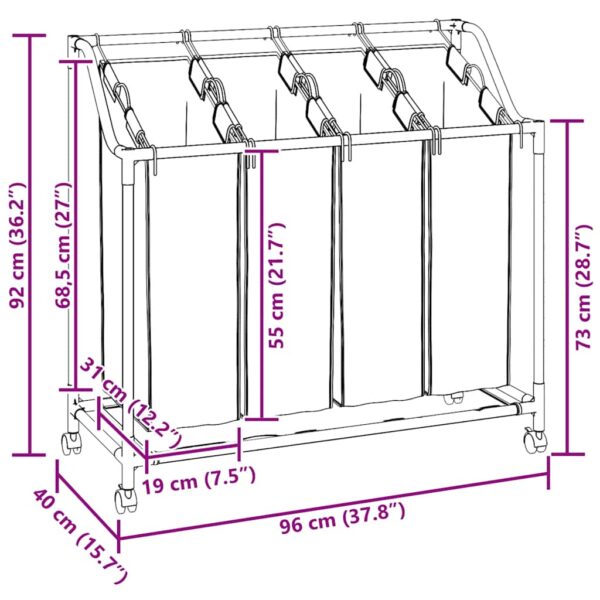 vidaXL Laundry Sorter with 4 Bags Cream Steel - Image 13