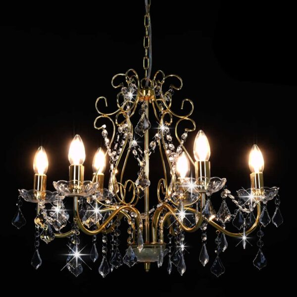 vidaXL Chandelier with Crystal Beads Golden Round 6 x E14 - Image 4