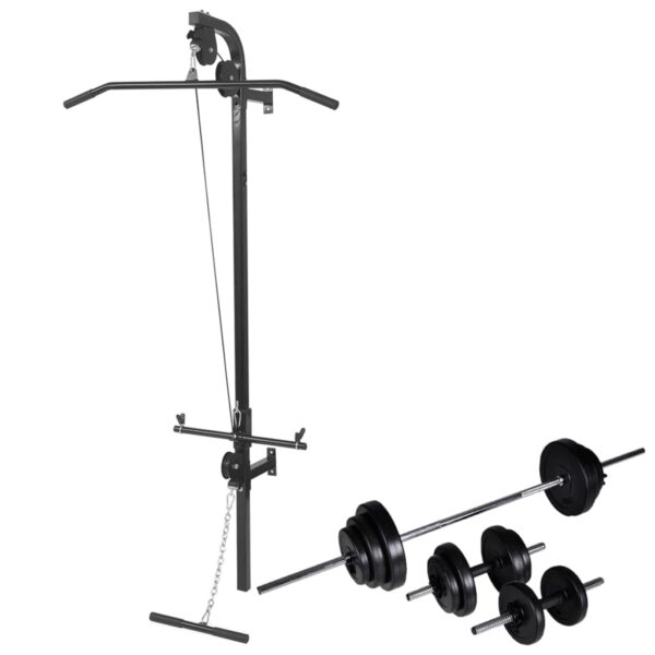 vidaXL Wall-mounted Power Tower with Barbell and Dumbbell Set 30.5 kg - Image 1