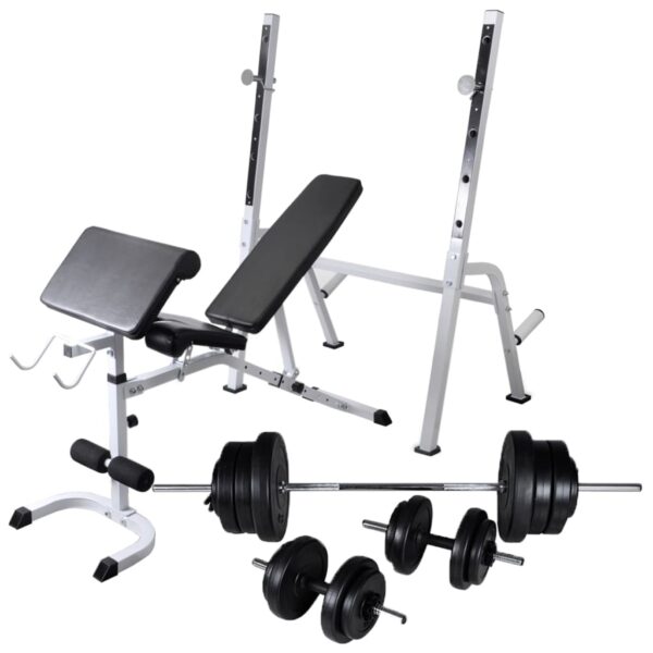 vidaXL Workout Bench with Weight Rack Barbell and Dumbbell Set 60.5kg - Image 1