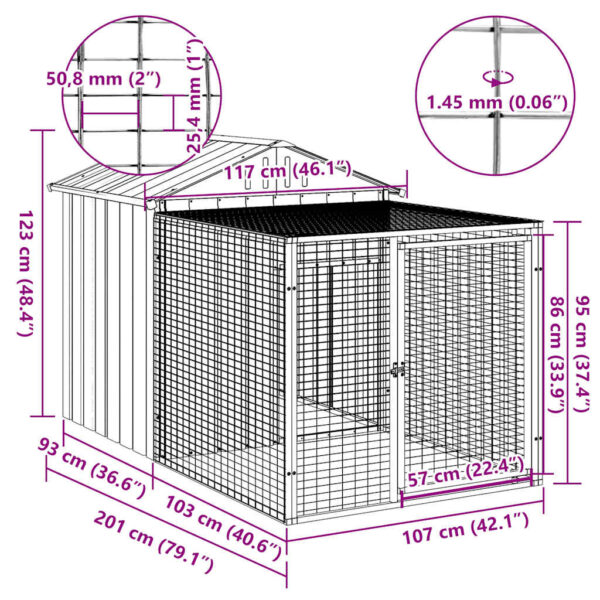 vidaXL Chicken Cage with Run Light Grey 117x201x123 cm Galvanised Steel - Image 5