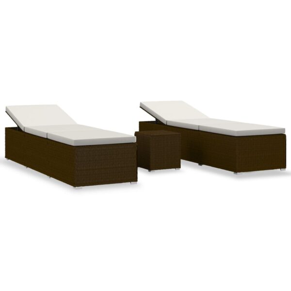 vidaXL 3 Piece Garden Sun Loungers with Tea Table Poly Rattan Brown - Image 2