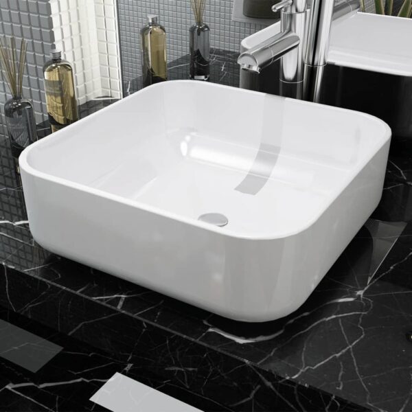 vidaXL Basin Square Ceramic White 39x39x13.5 cm - Image 1
