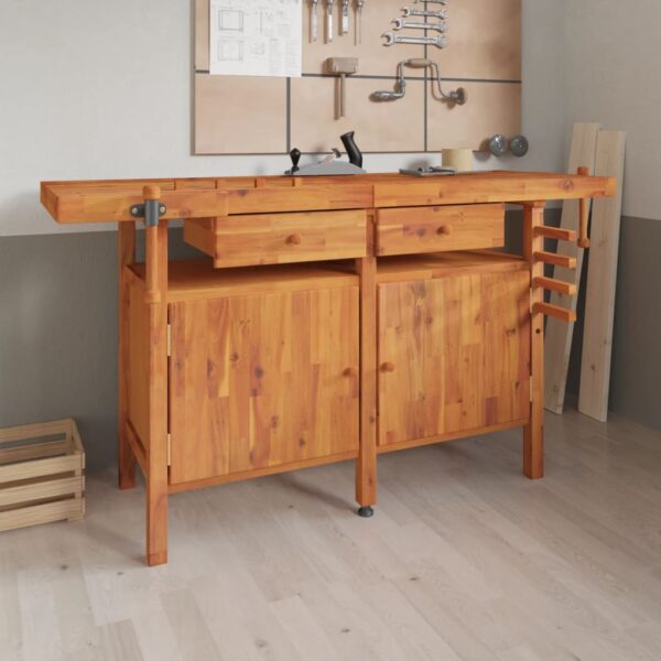 vidaXL Workbench with Drawers and Vices 162x62x83 cm Solid Wood Acacia - Image 1
