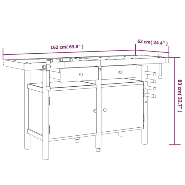 vidaXL Workbench with Drawers and Vices 162x62x83 cm Solid Wood Acacia - Image 10