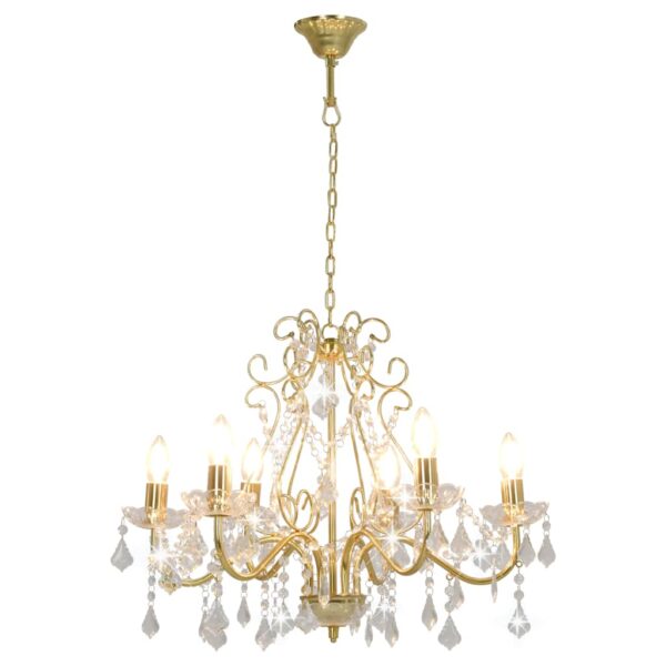 vidaXL Chandelier with Crystal Beads Golden Round 6 x E14 - Image 2