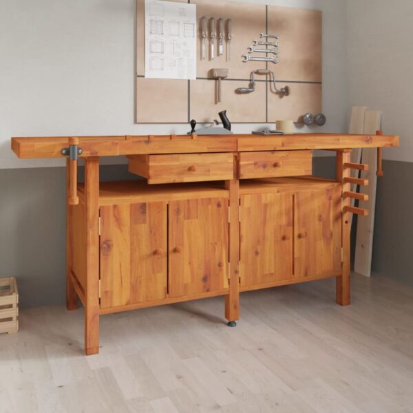 vidaXL Workbench with Drawers and Vices 192x62x83 cm Solid Wood Acacia - Image 1
