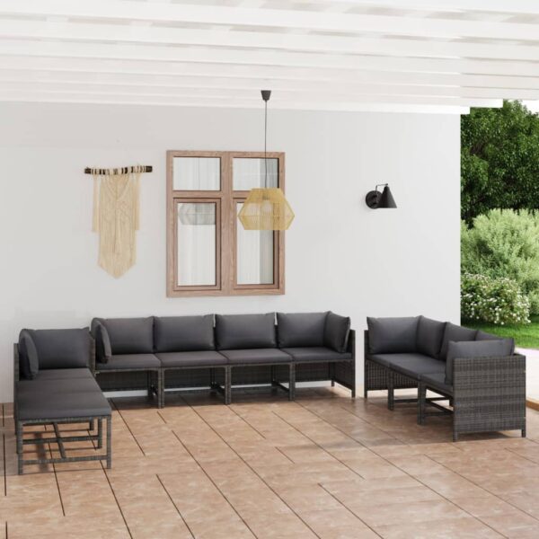 vidaXL 10 Piece Garden Lounge Set with Cushions Poly Rattan Grey - Image 1