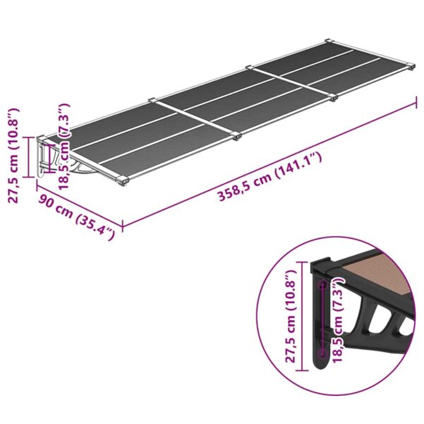 vidaXL Door Canopy Black 358.5x90 cm Polycarbonate - Image 6