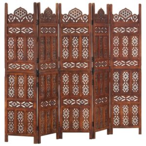 vidaXL Hand carved 5-Panel Room Divider Brown 200x165 cm Solid Mango Wood