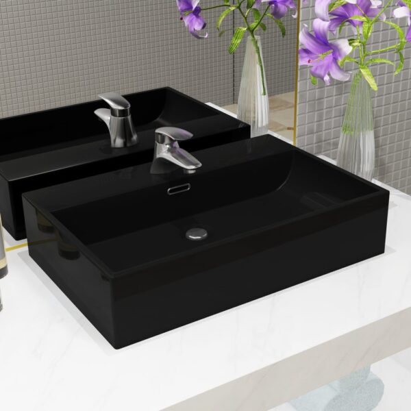 vidaXL Basin with Faucet Hole Ceramic Black 60.5x42.5x14.5 cm - Image 1