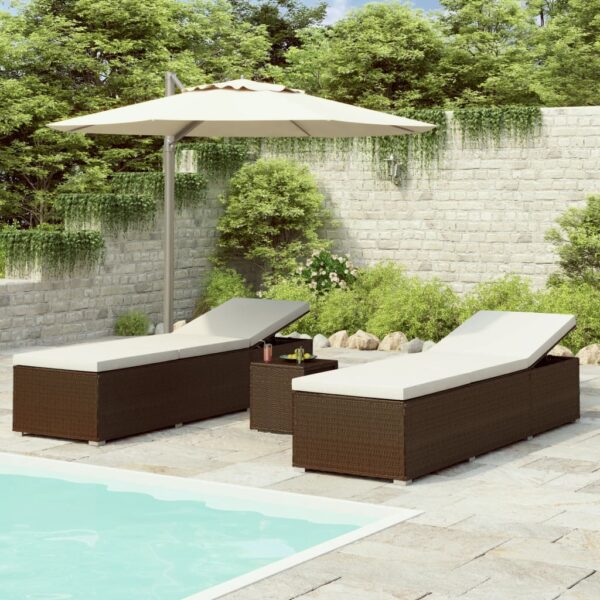 vidaXL 3 Piece Garden Sun Loungers with Tea Table Poly Rattan Brown - Image 1