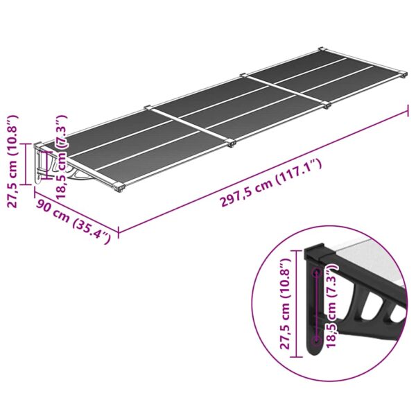vidaXL Door Canopy Black and Transparent 297.5x90 cm Polycarbonate - Image 6