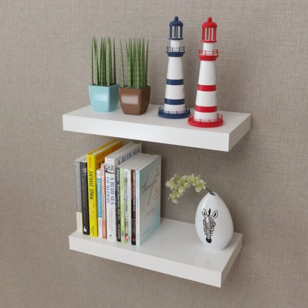 2 White MDF Floating Wall Display Shelves Book/DVD Storage - Image 1