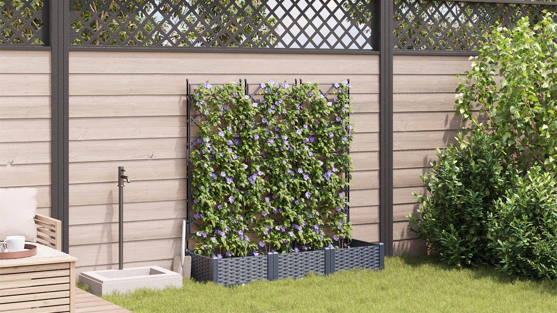 image_product42002862P_Mood_42002862-Mood-Image-Landspace_03 vidaXL Garden Planter with Trellis 3 pcs Grey 120 x 40 x 125.5 cm PP - Image 4