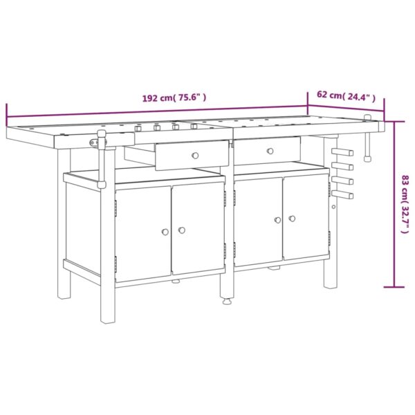 vidaXL Workbench with Drawers and Vices 192x62x83 cm Solid Wood Acacia - Image 10