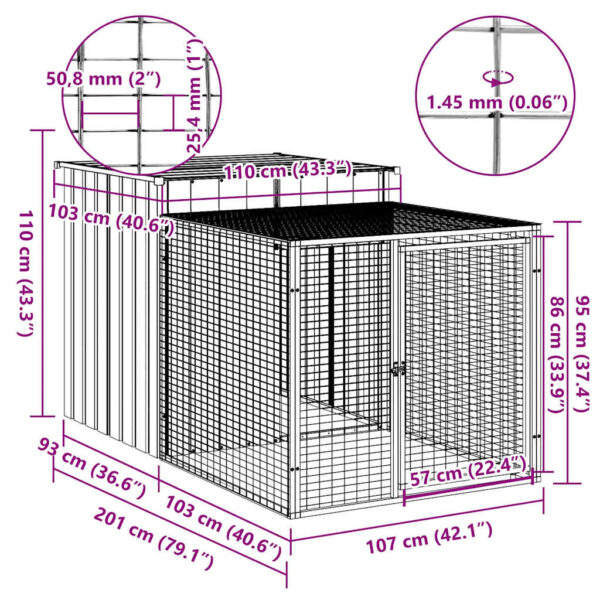 vidaXL Chicken Cage with Run Light Grey 110x201x110 cm Galvanised Steel - Image 5