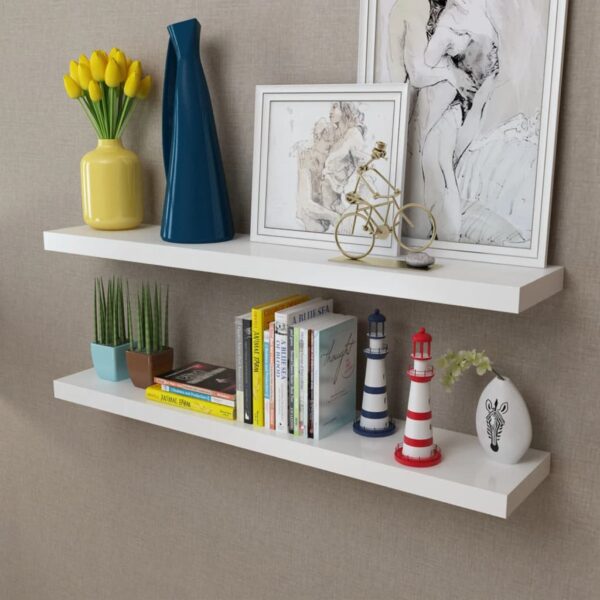 2 White MDF Floating Wall Display Shelves Book/DVD Storage - Image 1