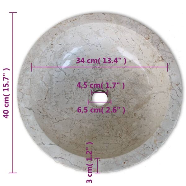vidaXL Basin Marble 40 cm Cream - Image 6