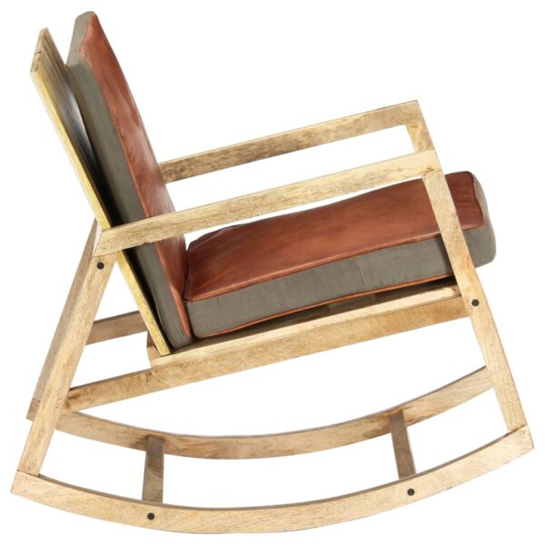 vidaXL Rocking Chair Brown Real Leather and Solid Mango Wood - Image 3